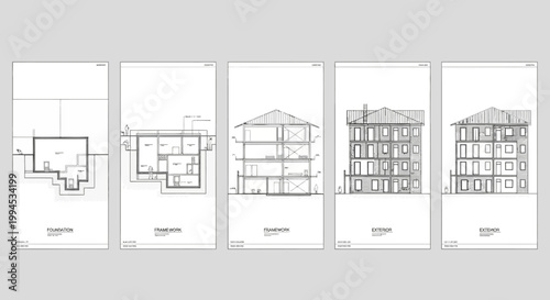 Architectural blueprints displaying floor plans, cross-sections, and elevations of a multi-story building design.