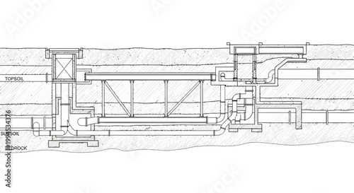 Detailed cross-section diagram of an underground infrastructure showing complex structural elements and subterranean layers.