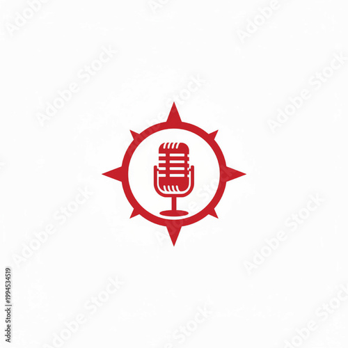Microphone icon with red circular compass spikes and centered audio recording symbol for podcast and voice branding