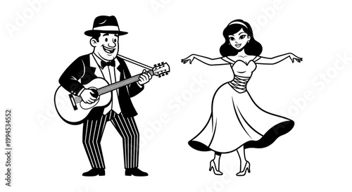 Vintage Musician Playing Guitar and Dancer Performing