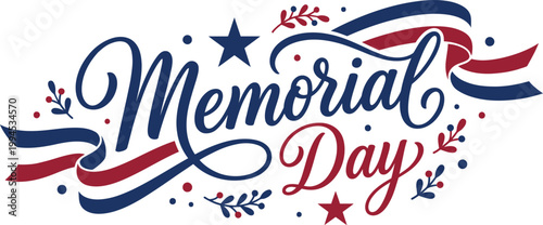 Memorial day holiday calligraphy lettering with blue and red ribbons on checkered pattern.