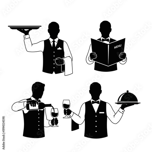 Waiter Silhouettes: Serving, Presenting Menu, Pouring Wine, and Food Service