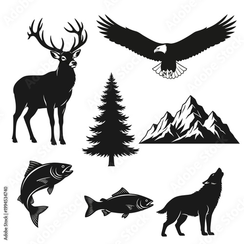 Wilderness Wildlife Silhouette Collection: Deer, Eagle, Wolf, Fish, Mountains, Pine Tree