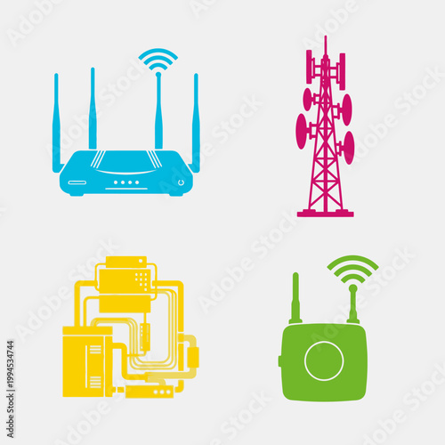 Wireless Communication Technology Icons: Router, Cell Tower, Circuit Board, and Transmitter