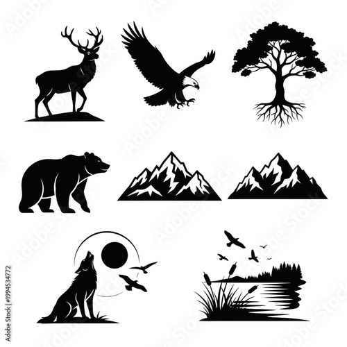Wilderness Silhouette Collection: Animals, Mountains, Tree, Nature Scene