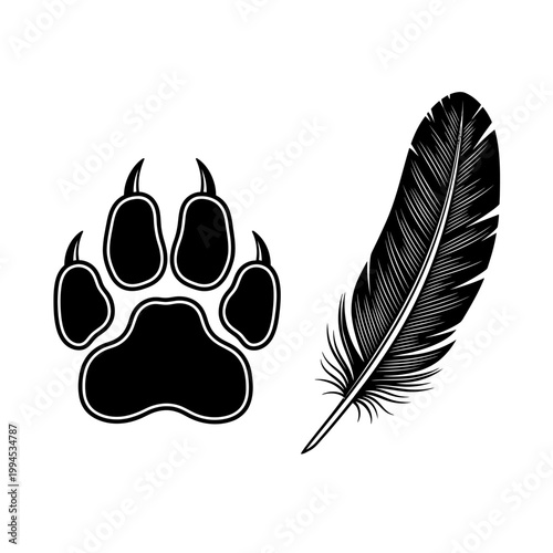 Wolf Paw Print and Feather Silhouette - Nature and Wildlife Symbolism