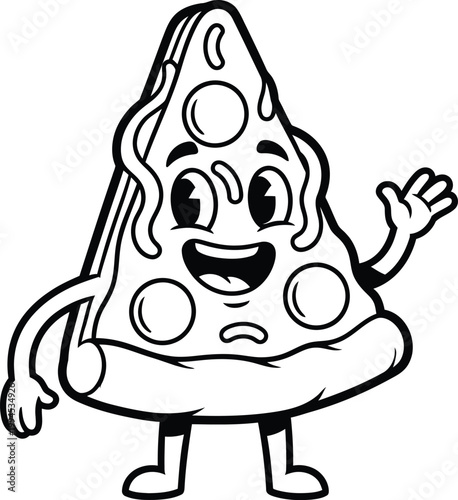 Cartoon pizza slice character waving a whimsical illustration for food related designs