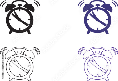 Four alarm clocks in different colors and line styles ringing