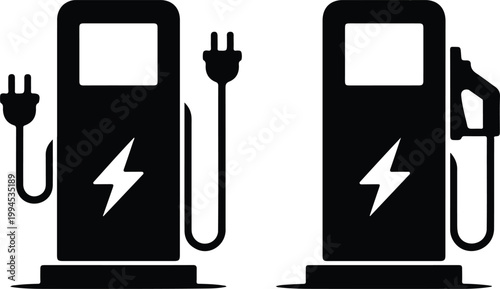 Minimalist black and white electric vehicle charging station icon set with plug and fuel nozzle symbols in clean vector design
