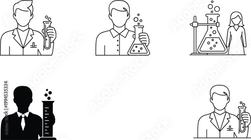Mixed silhouette and outline set of scientists conducting experiments with laboratory glassware isolated on white background science research and innovation concept