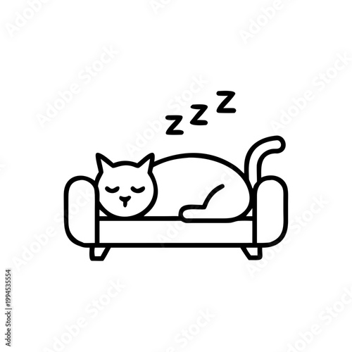 Cat sleeping peacefully on couch with relaxation symbol above  