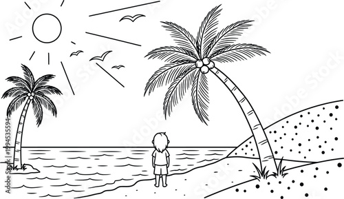 Tropical beach sketch palm trees sun ocean and a person enjoying paradise