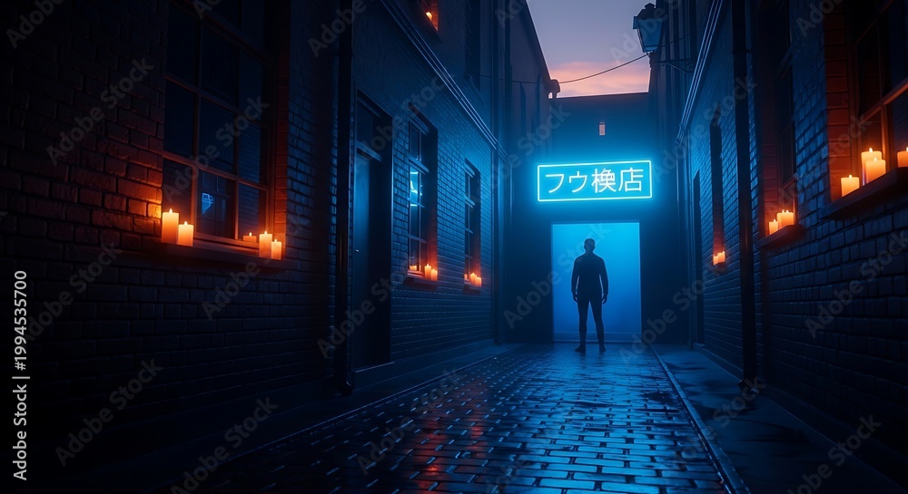 Naklejka premium A mysterious silhouette standing in a dimly lit narrow alleyway with blue neon sign.