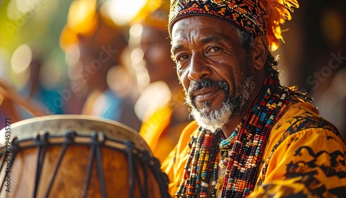 Vibrant African musician playing drum with traditional attire and headdress.