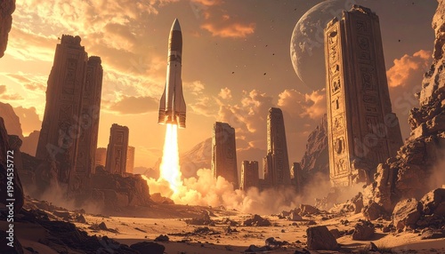 Rocket Launch Amidst Ancient Ruins on an Alien Planet.