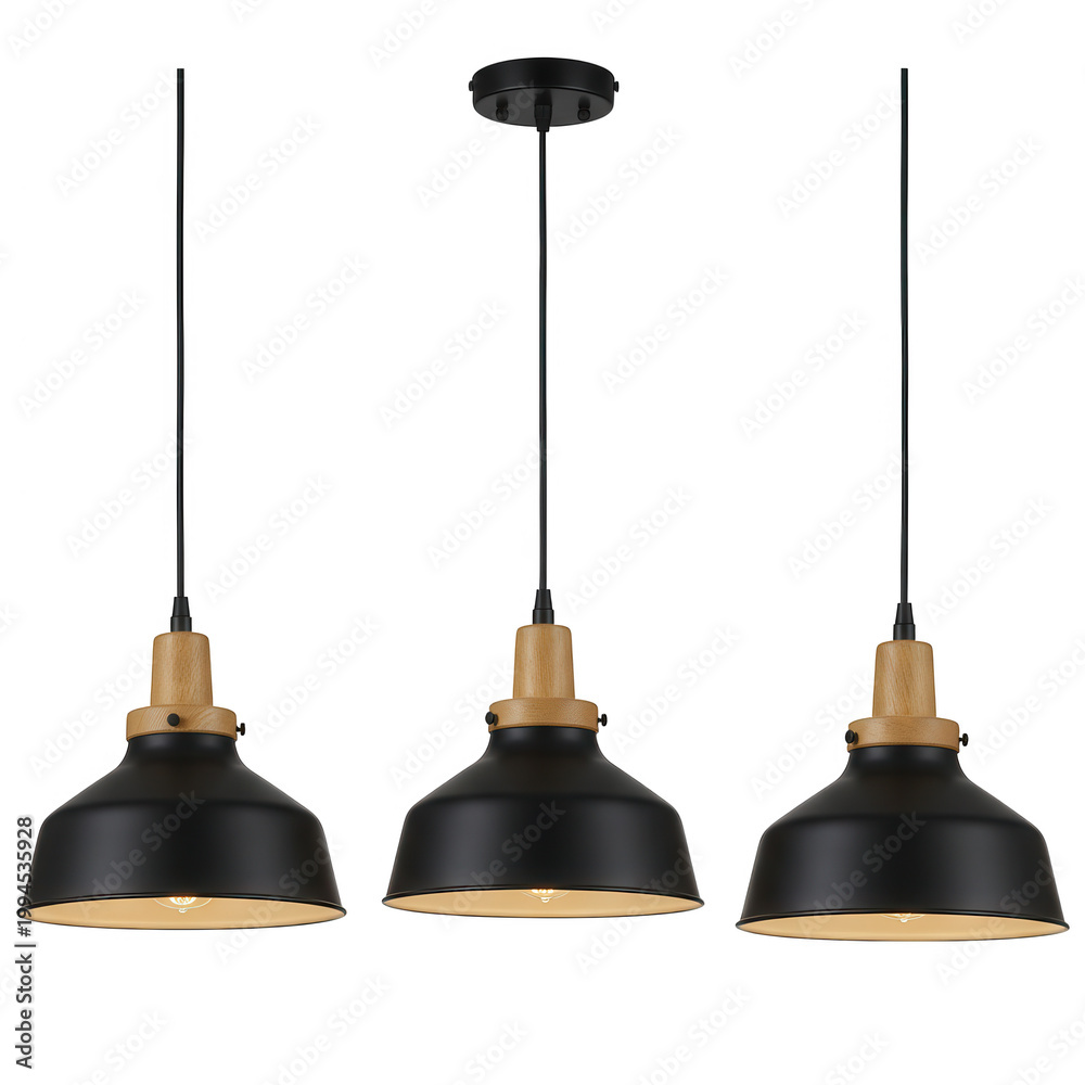 Obraz premium Three black and wood pendant lights isolated on transparent background