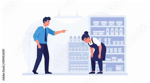 Workplace Conflict and Stress Illustration Depicting a Boss Accusing a Female Employee, Symbolizing Harassment, Bullying, or Job-Related Pressure and Unfair Treatment in a Professional Office Setting