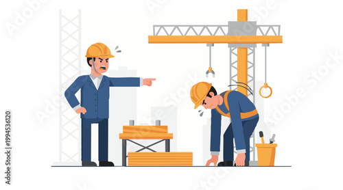 Supervisor scolding exhausted construction worker at a building site, illustrating workplace conflict, stress, and challenging boss-employee dynamics in the demanding industry
