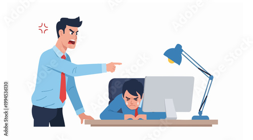 Angry boss yelling and pointing at a distressed, crying employee at their desk, illustrating workplace stress, conflict, and a toxic office environment