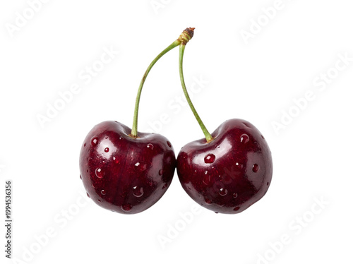 Fotografía Two fresh dark red cherries with stems and water drops on a transparent backgrou