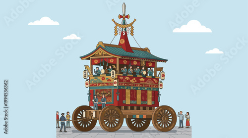 A striking flat design illustration of a traditional Hoko float, symbolizing the grandeur of Kyoto's Gion Festival. 