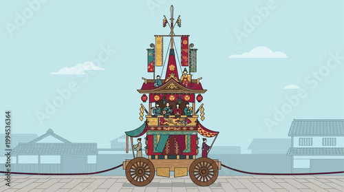 A striking flat design illustration of a traditional Hoko float, symbolizing the grandeur of Kyoto's Gion Festival. 