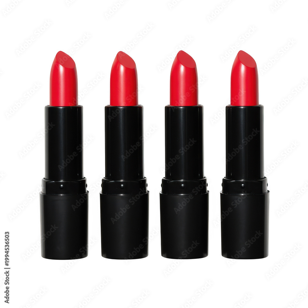 Fototapeta premium Three red lipsticks in a row isolated on transparent background