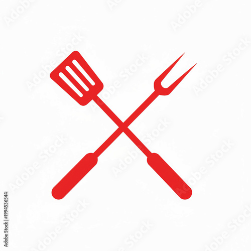 Crossed forks and spatula icon with red outline and minimalist flat design on a white background featuring kitchen tools, cooking, dining with