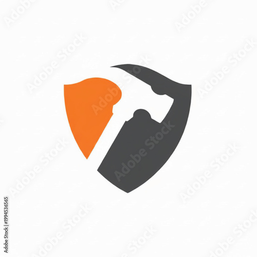 Shield logo with orange and dark gray abstract profiles, featuring a strong protective emblem design