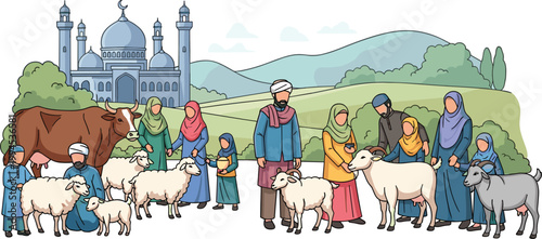 Muslim Family with Livestock Near Taj Mahal, Rural Farming, Cattle, Sheep, Goat, and Heritage Landscape Illustration