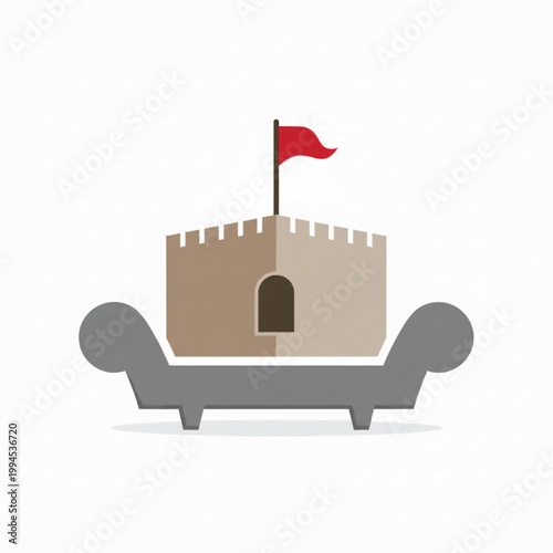 Castle fortress icon with red flag and arched gate, illustrated in flat style for medieval themed designs