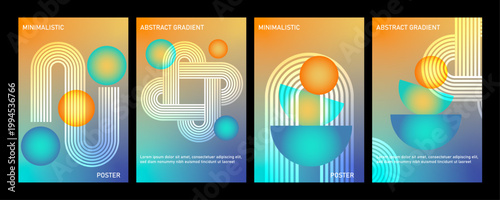 Mid-century retro futurism poster set with geometric arc forms and gradient spheres on vibrant backgrounds
