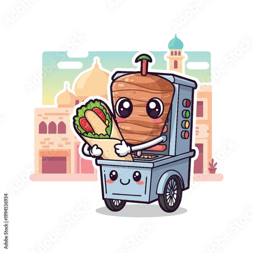 Cute Cartoon Doner Kebab Food Cart Character Holding a Kebab.