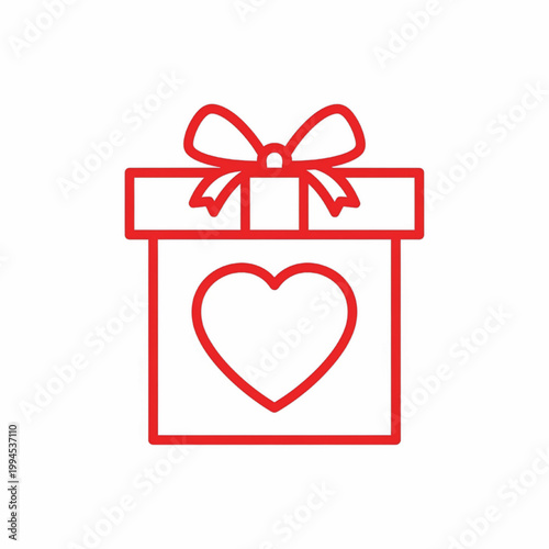 Gift box icon with red bow and heart symbol, simple line style for love, celebration and special occasion design