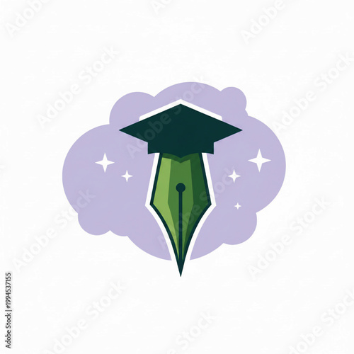 Graduation cap icon with green gown and star sparkle in a soft purple cloud background for education themes