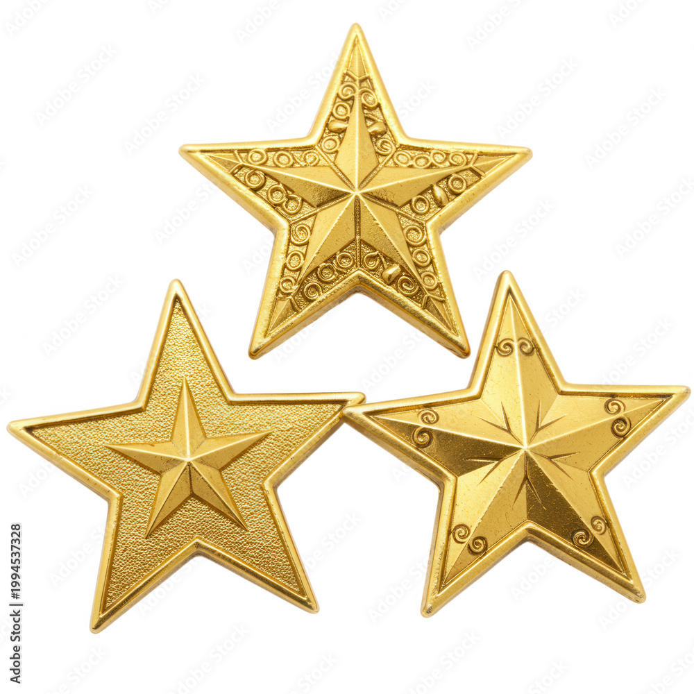 Obraz premium Three gold stars with intricate detail isolated on transparent background