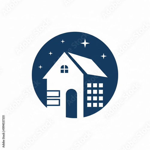 House icon with night sky stars in blue circle, simple clean vector style for home and real estate branding