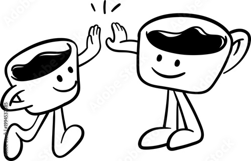 coffee cup friend high five greeting cartoon hand drawn illustration