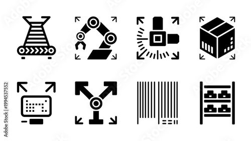 Automated warehouse and conveyor belt icons – Perfect for logistics websites, supply chain articles, or manufacturing apps.