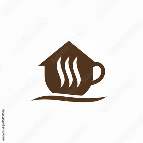 Coffee cup icon with steaming aroma lines inside a stylized house shape for handmade cafe branding featuring steam, mug, logo design with minimalist