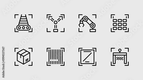Warehouse automation and sorting system icons – Ideal for e-commerce logistics, industrial software, or distribution center brochures.