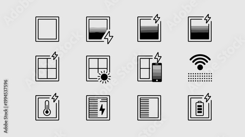Electrochromic glass and window state icons – Ideal for building materials catalogs, smart home UI, or green building tech.
