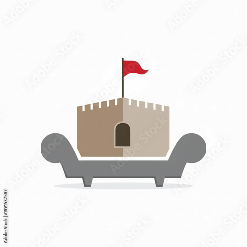 Medieval fortress icon with red flag and dark arched gate, illustrated for history, defense, and city branding