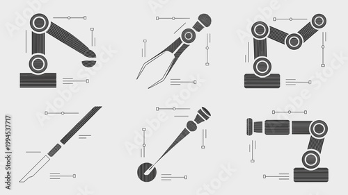 Precision surgical robotics and endoscope icons – Perfect for surgical training manuals, medical hardware specs, or tech-led health content.