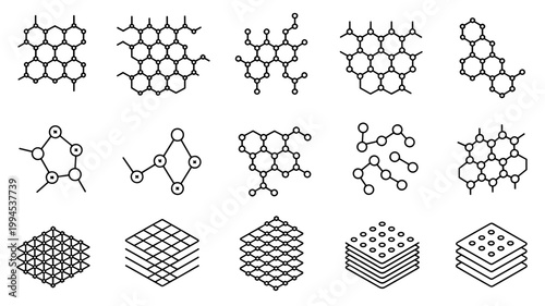 Graphene lattice and molecular structure icons – Ideal for material science journals, nanotechnology blogs, or chemical engineering.