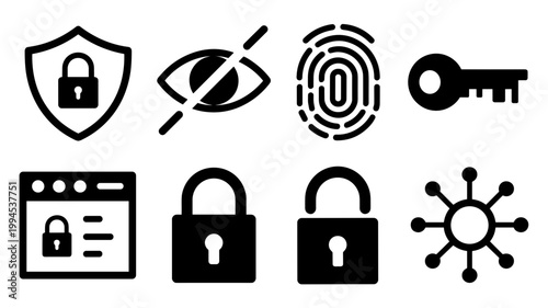 Data encryption and secure browser icon set – Great for web security reports, identity protection services, or privacy tools.