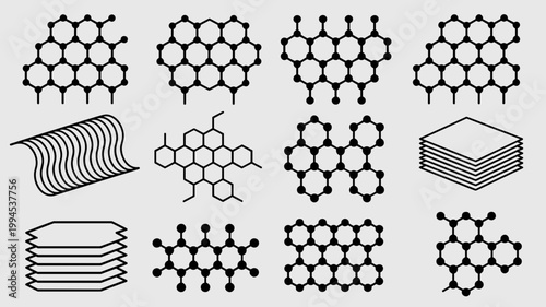Graphene molecular bond and nanotube icons – Suitable for nanotechnology research, science posters, or advanced manufacturing.