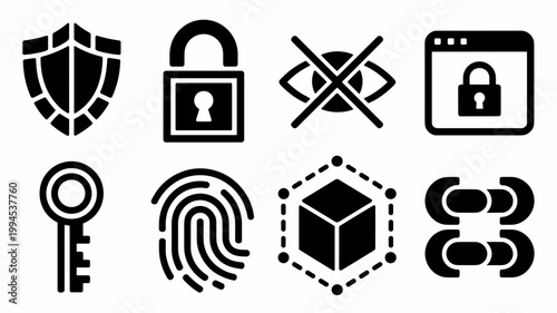 Privacy-first browser and secure data icons – Suitable for cybersecurity marketing, tech safety guides, or encryption software.