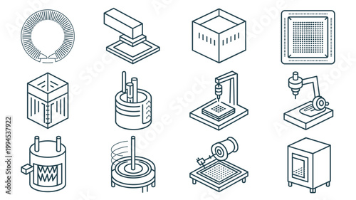 Semiconductor fabrication and wafer icons – Ideal for microchip industry news, technical education, or manufacturing software.