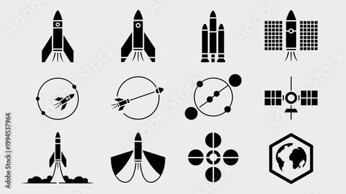 Rocket launch and satellite deployment icons – Ideal for orbital mechanics blogs, satellite tech, or space exploration reports.